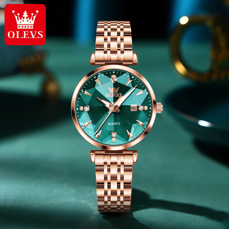 OLEVS Women Stainless Steel Strap Fashion Rhombus Mirror Design Luxury Ladies Wristwatch (Green)